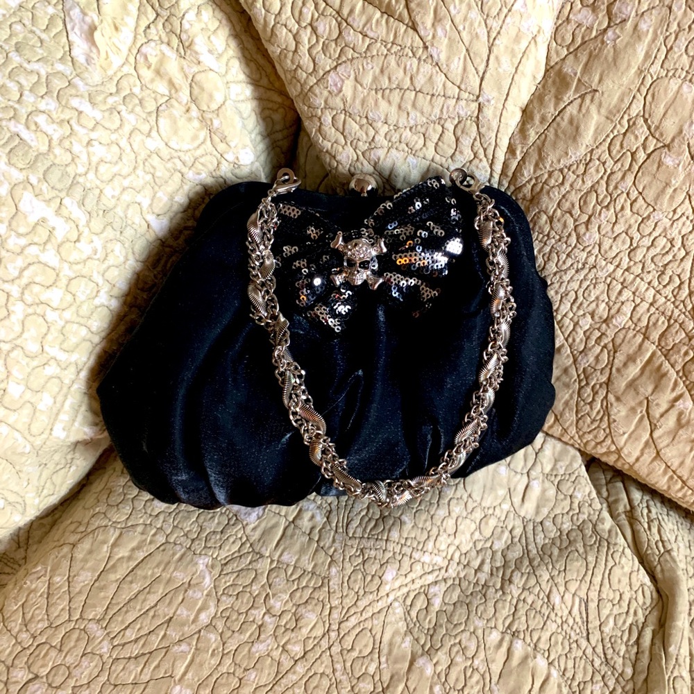 Betsy Johnson sparkly skull and bow tie bag